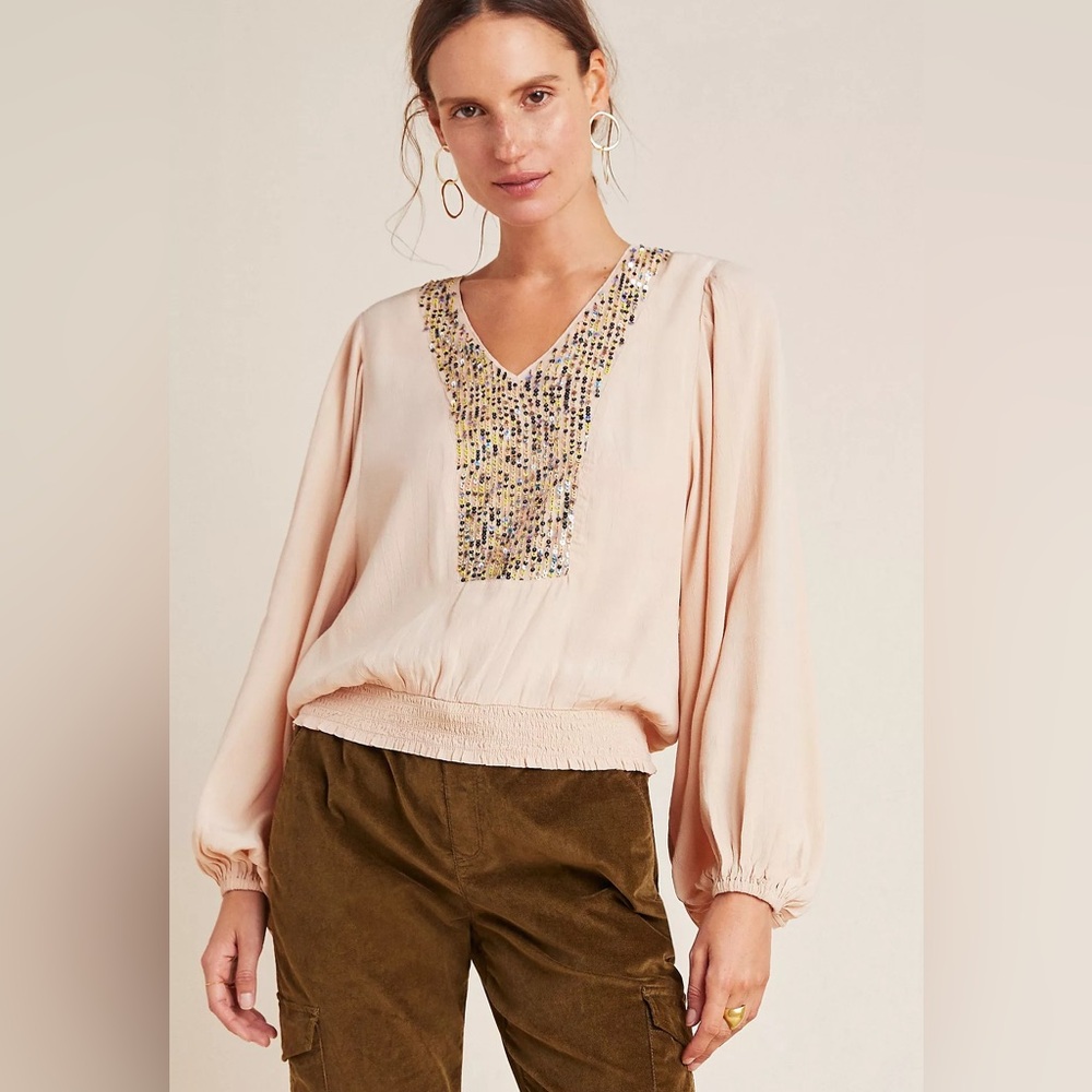 Maeve for Anthropologie Kristie Sequined Peasant Blouse